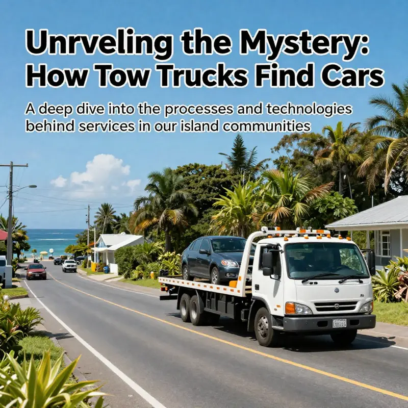 A tow truck at work on an island road helping a vehicle in distress under a clear sky.