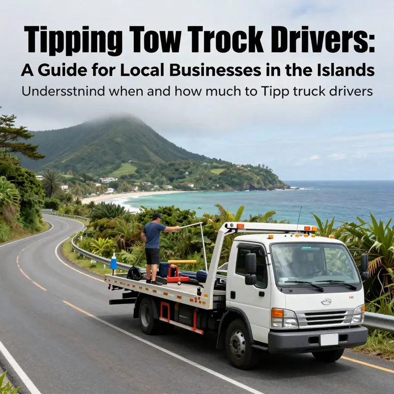 A picturesque view of a tow truck assisting a stranded vehicle along a beautiful island road.
