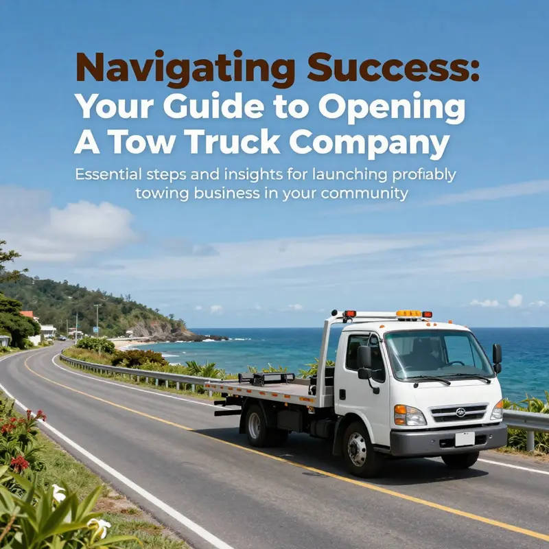 A picturesque island road featuring a tow truck on standby.