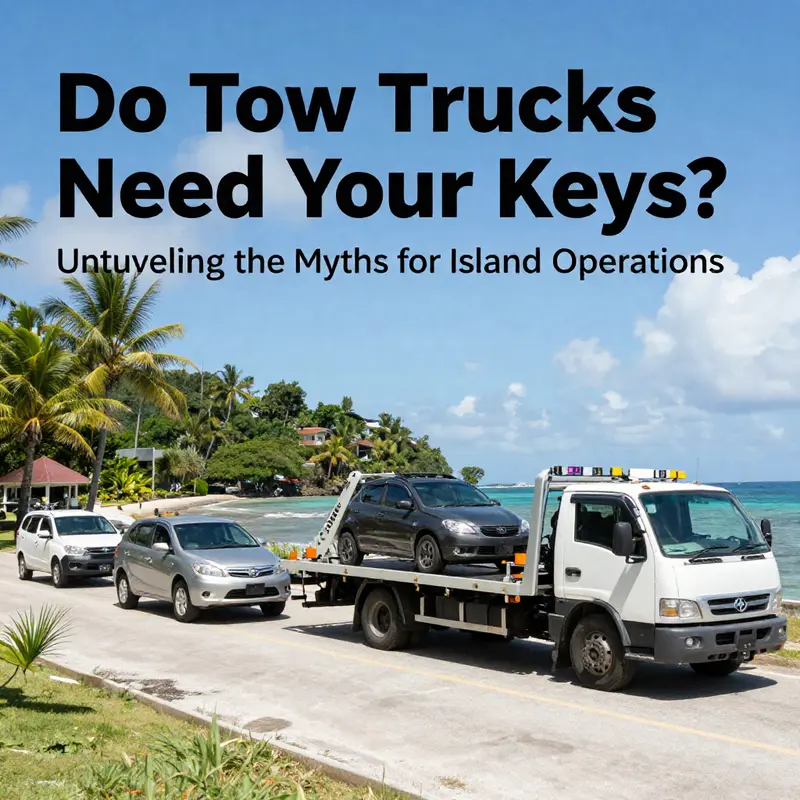 A scenic tropical view featuring cars and a tow truck, reflecting the themes of towing services and vehicle management on islands.