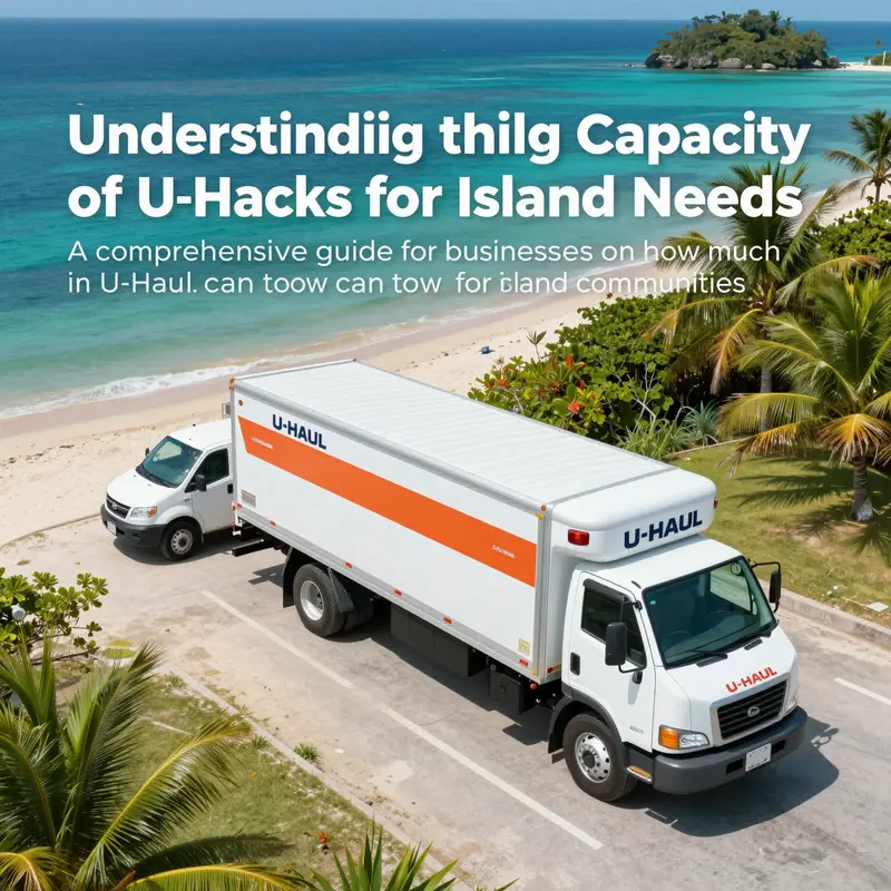 A scenic aerial view of an island with U-Haul trucks parked along a picturesque coastline.