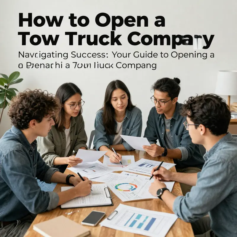 A team brainstorming ideas and analyzing market data to ensure a successful tow truck business launch.