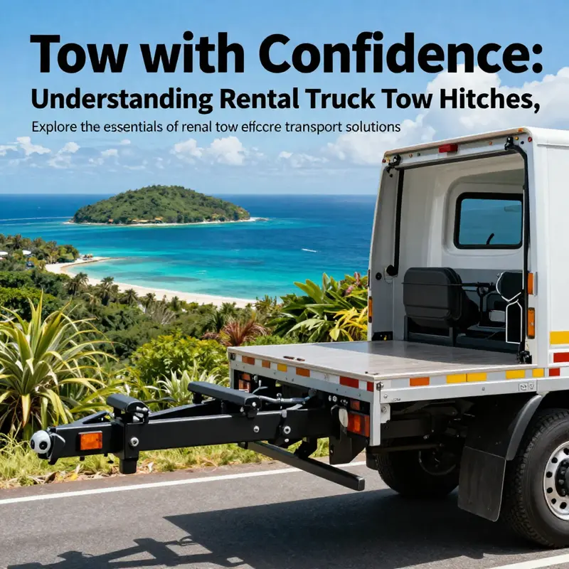 A scenic view of a rental truck with a tow hitch in an island setting, representing transport and adventure.