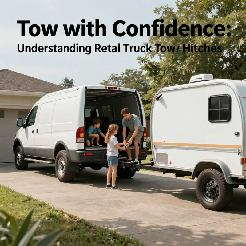 A rental truck showcasing its tow hitch availability, ready for transport needs.