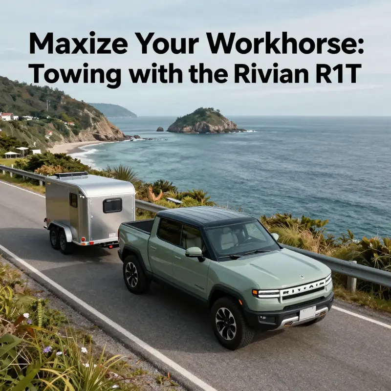 Aerial view of a Rivian R1T electric truck driving along a coastal road, towing a trailer.