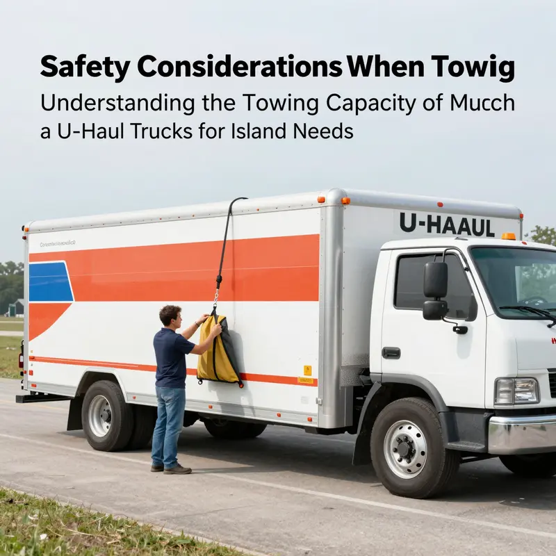 An overview of U-Haul trucks showcasing their towing capabilities in a scenic island environment.