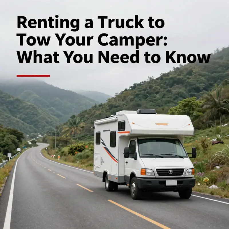 A picturesque road scene featuring a truck towing a camper, symbolizing freedom and adventure.