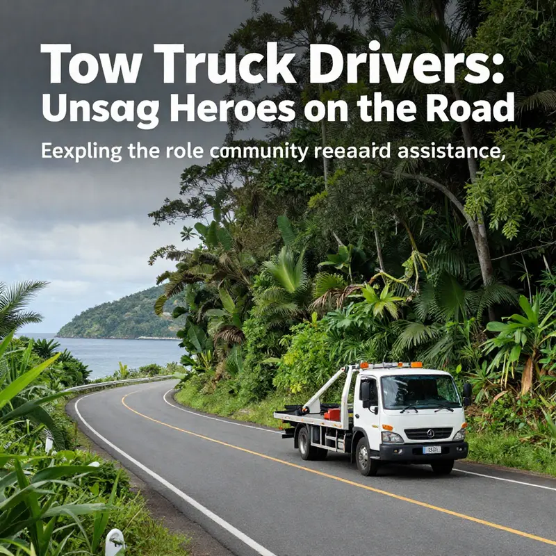 A picturesque island road with a tow truck parked amidst greenery, showcasing the harmony of local service in a scenic setting.