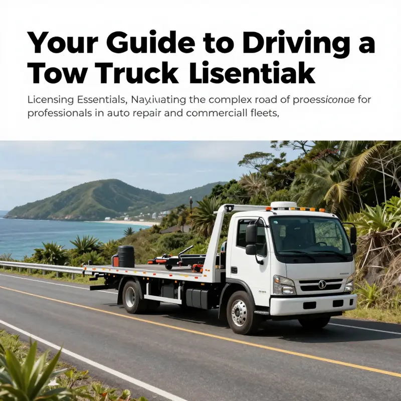 A scenic island road with a tow truck parked beside it, showcasing the role of licensing in local towing services.
