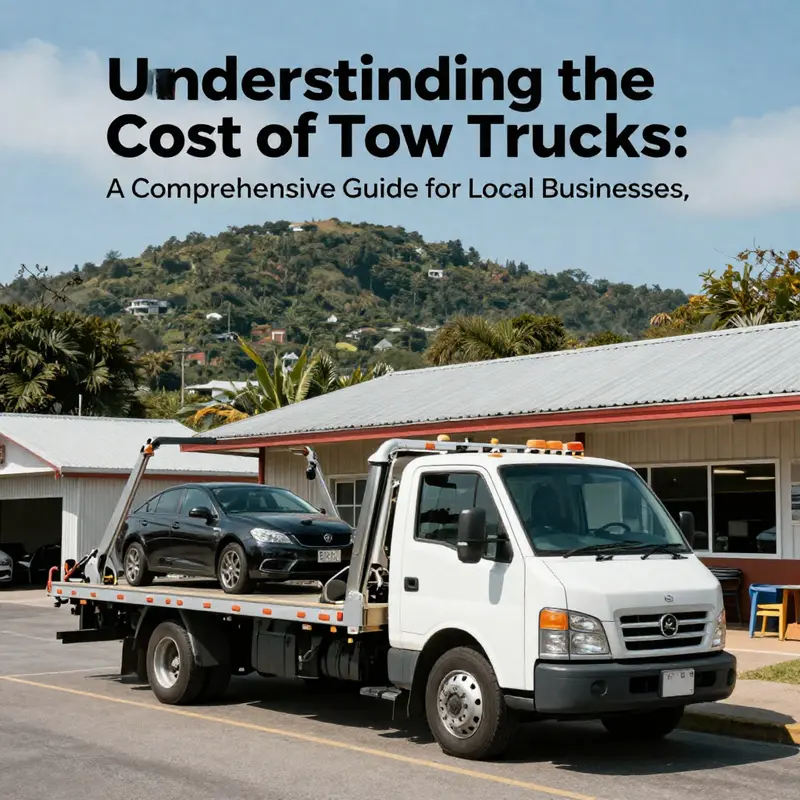 A tow truck stationed in front of a vibrant auto repair shop with a beautiful island landscape behind.