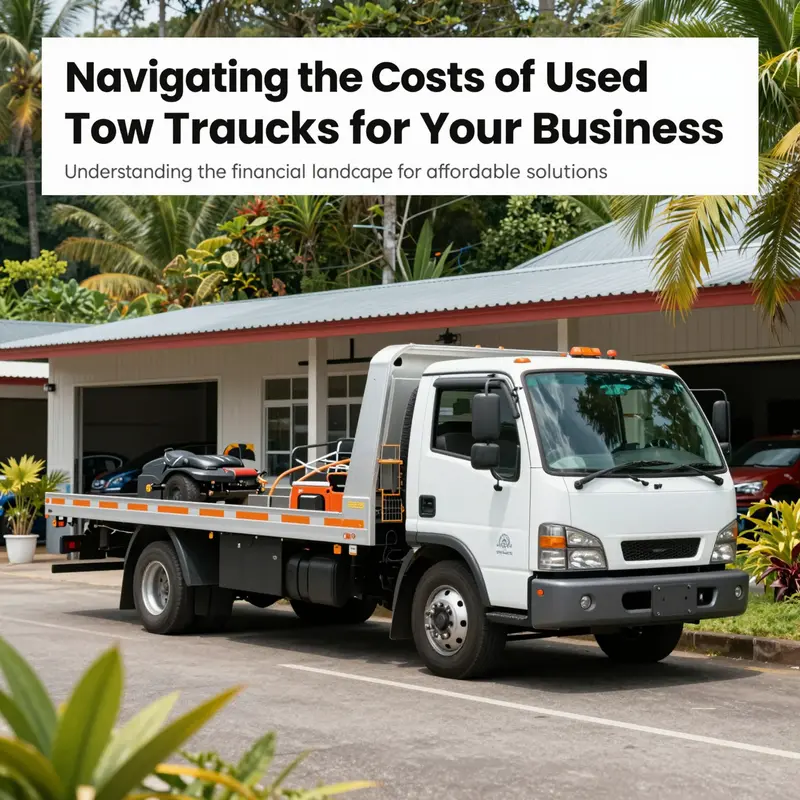 A tow truck in front of an auto repair shop, surrounded by vibrant island vegetation, emphasizing its readiness and appeal to local businesses.