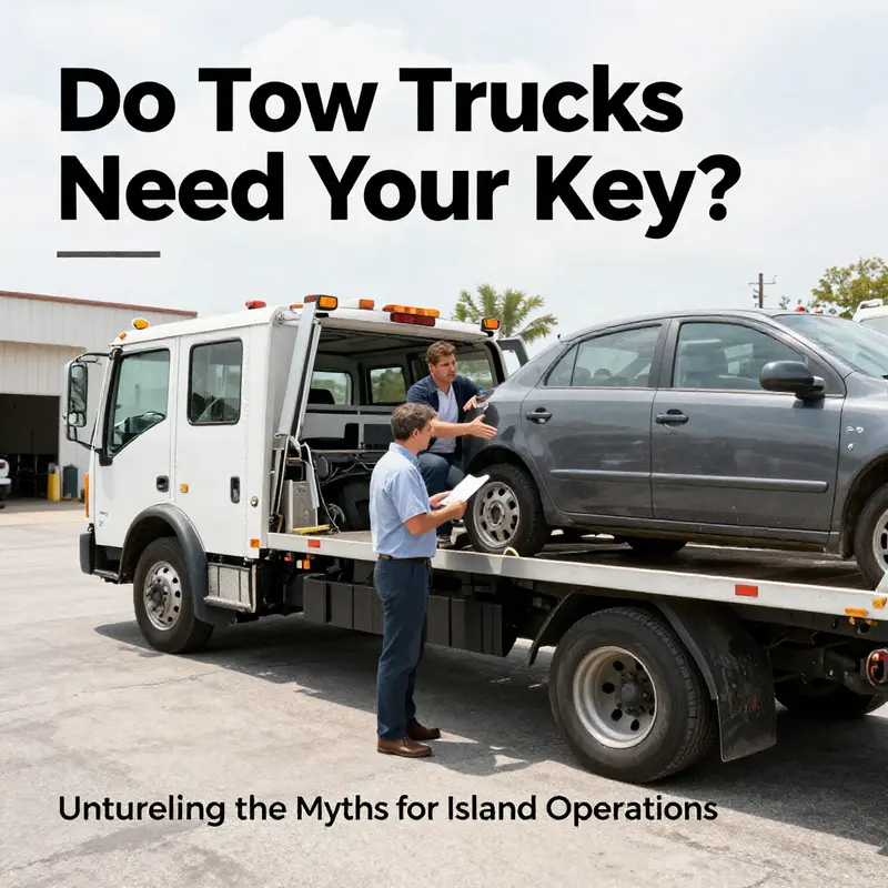 A tow truck preparing to lift a non-operable vehicle against a beautiful island backdrop.