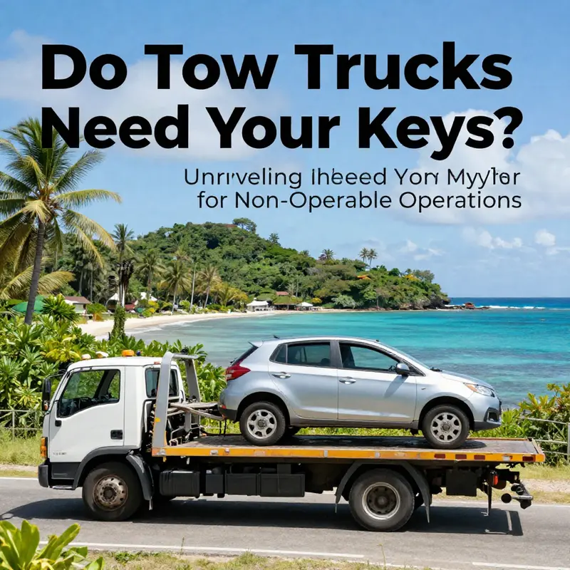 A tow truck preparing to lift a non-operable vehicle against a beautiful island backdrop.