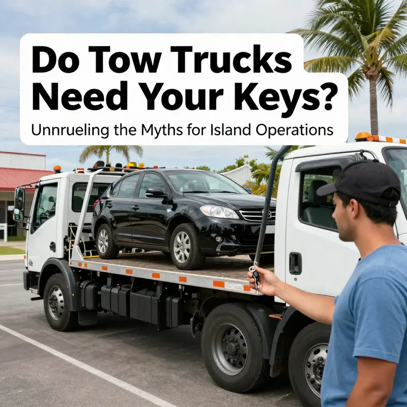 A tow truck preparing to lift a non-operable vehicle against a beautiful island backdrop.