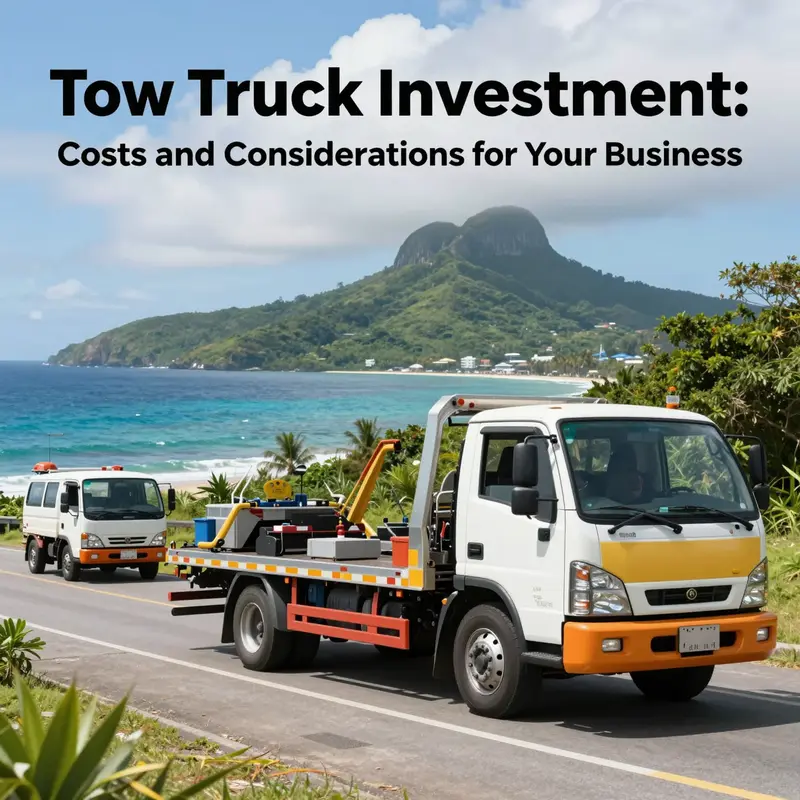 Multiple tow trucks actively engaged in service against a beautiful island setting, representing the towing industry's versatility.