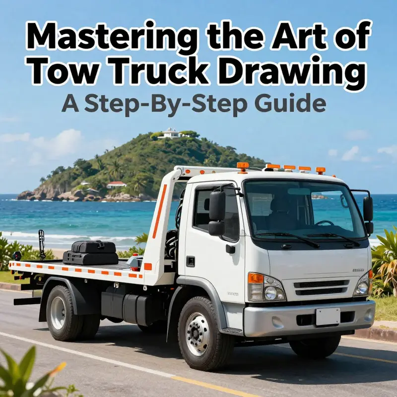 An artistic representation of a tow truck in a picturesque island setting, highlighting its significance to local transportation.