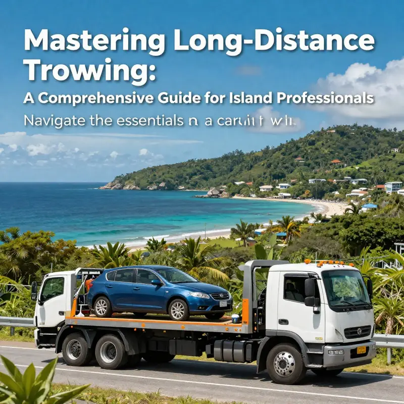 A truck towing a car along an island's beautiful landscape, representing the safe towing journey.