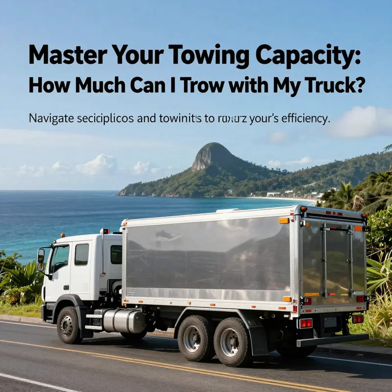 A truck towing a trailer in a scenic island landscape, symbolizing the theme of vehicle towing capacity.