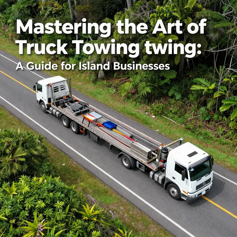 A peaceful island landscape with two trucks prepared and connected for towing.