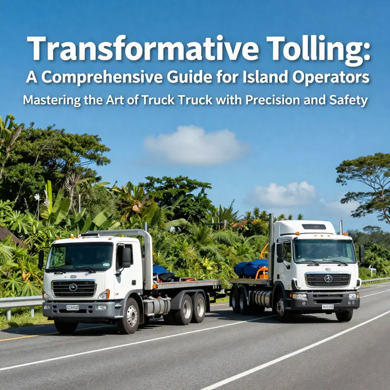 Two trucks on an island road, one towing the other amidst a scenic natural landscape.