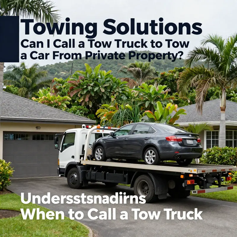 A tow truck assisting a broken-down vehicle against an island backdrop.