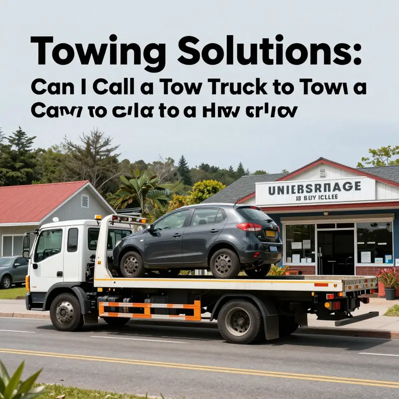 A tow truck assisting a broken-down vehicle against an island backdrop.