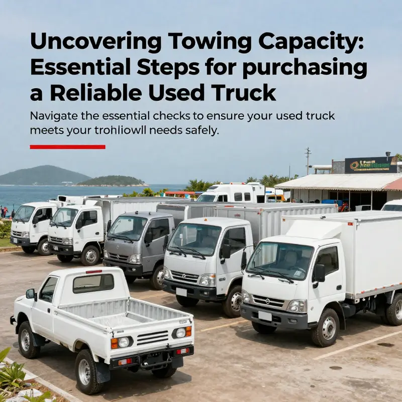A lineup of used trucks on an island ready for purchase, showcasing variety in towing capacities.
