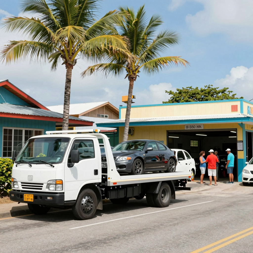 Tow trucks in a vibrant local island setting showing community aspect