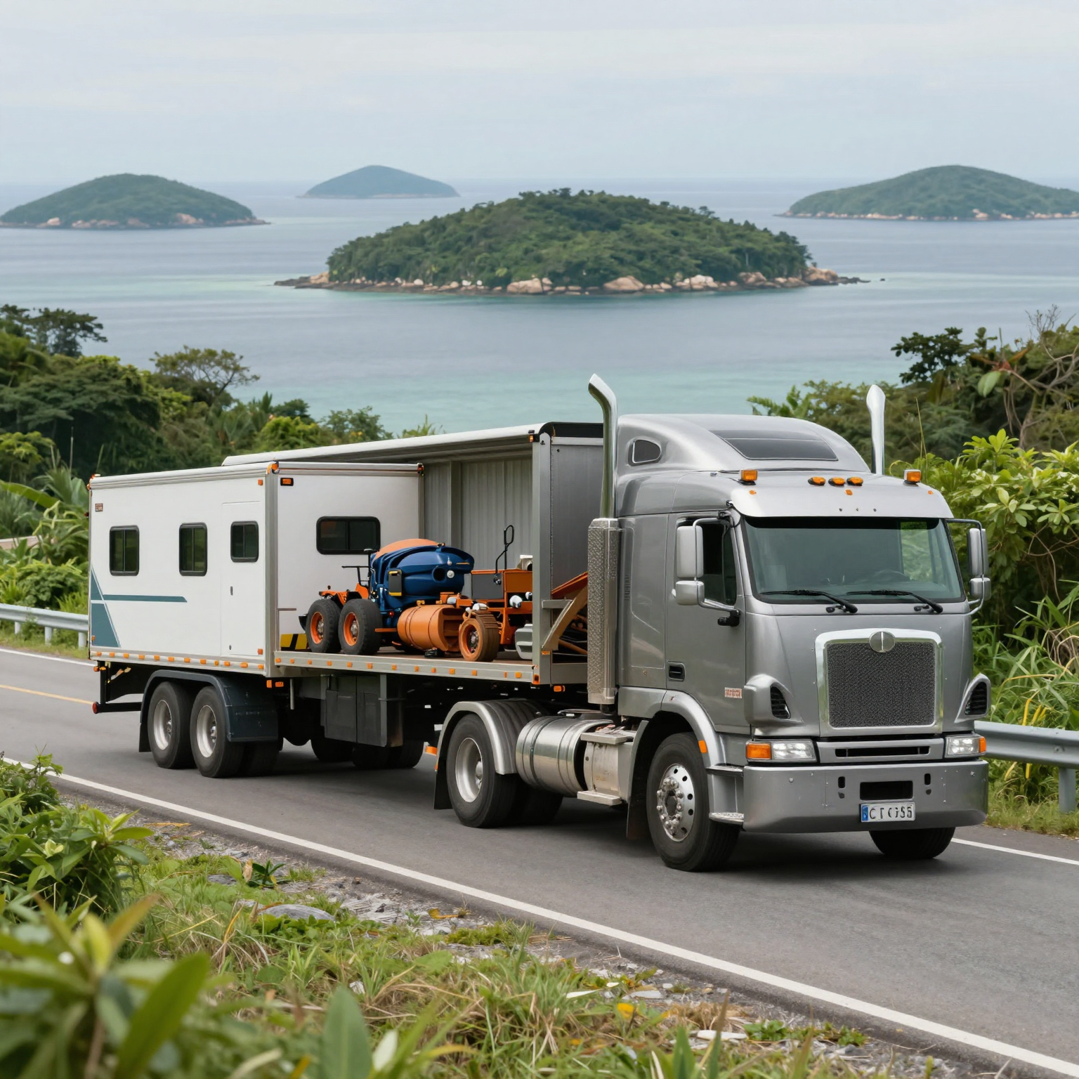 Truck towing a trailer on a scenic island road