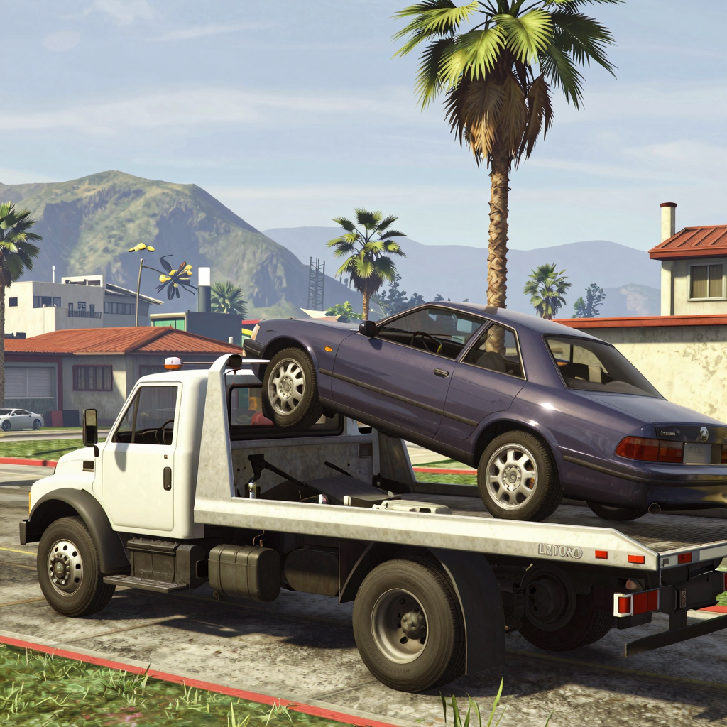 A tow truck in GTA 5 lifting a car against the vibrant San Andreas landscape.