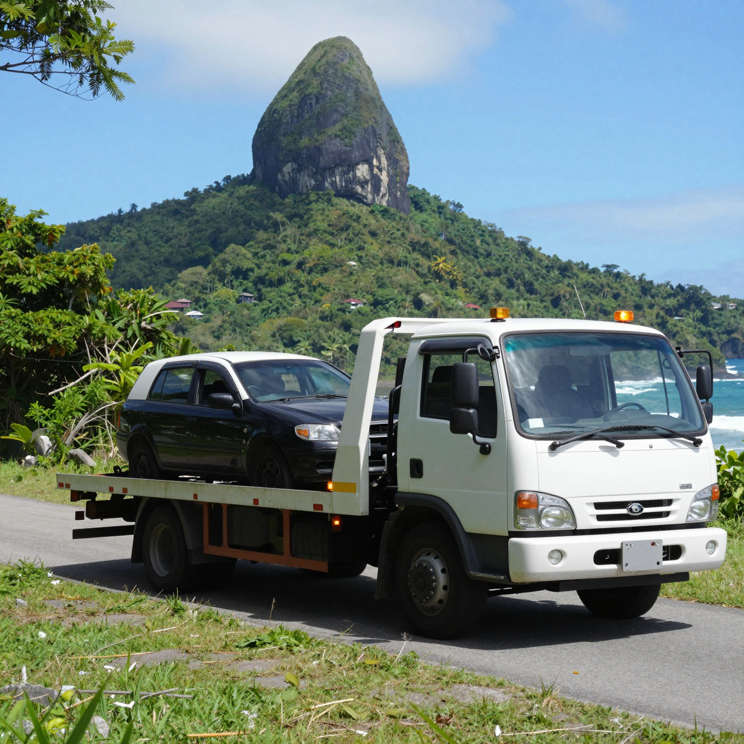 Tow truck assisting a stranded vehicle on a scenic island