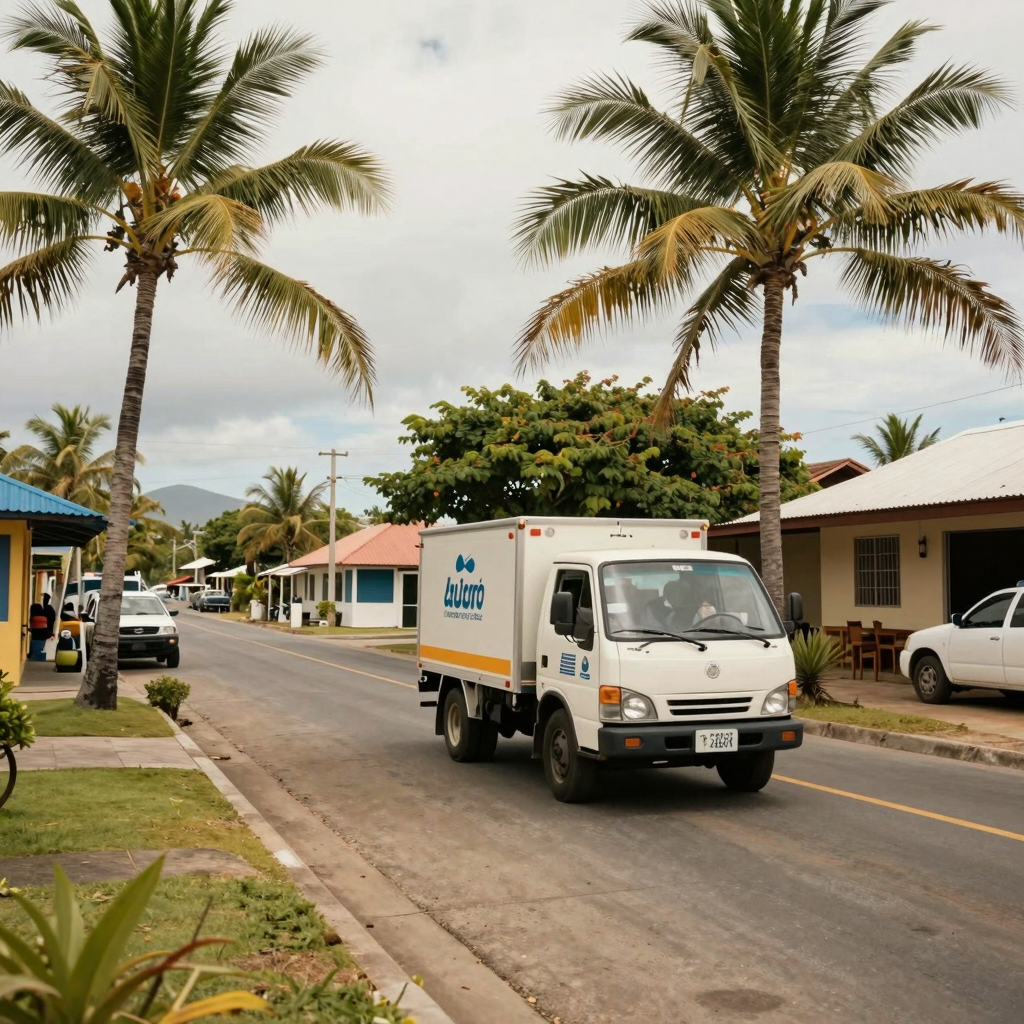 A scenic view of a tow truck on a picturesque island street with palm trees, highlighting the local culture and community.