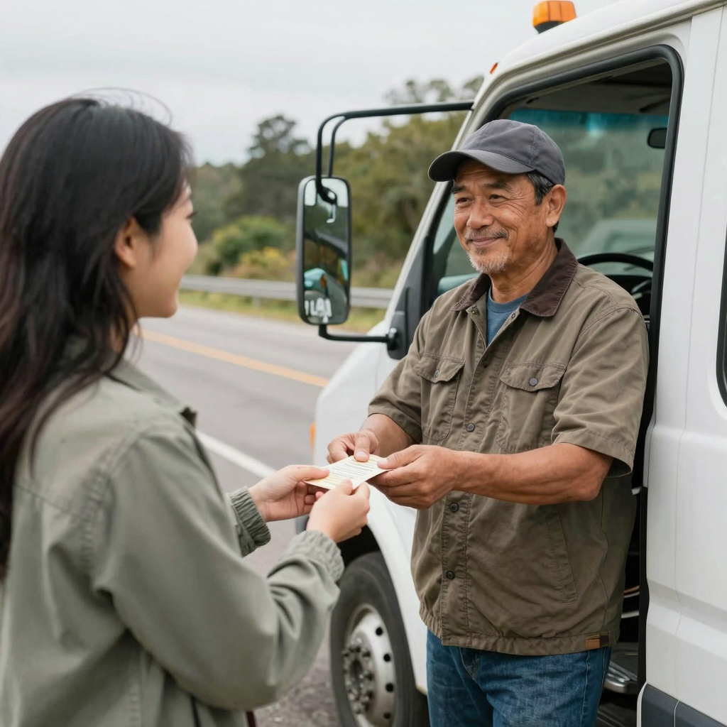 A heartfelt scene of a tow truck driver receiving a tip from a grateful customer