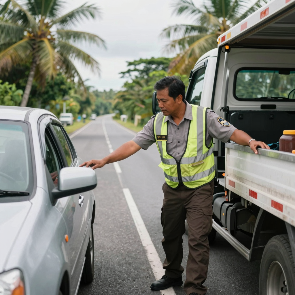 Tow truck driver assisting a stranded motorist