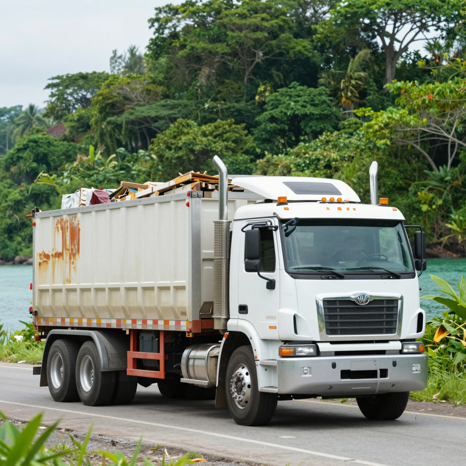 A powerful truck towing a large trailer filled with construction materials