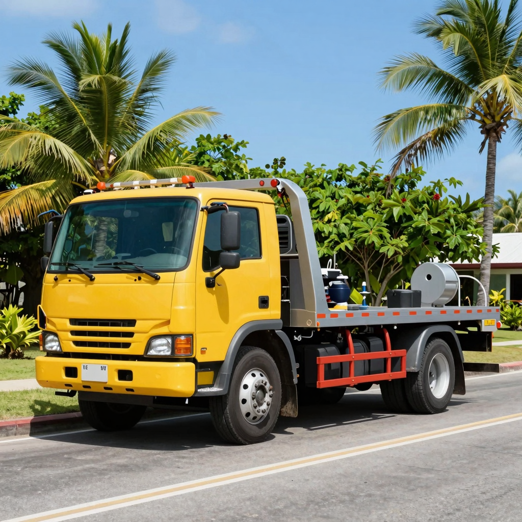 Towing truck against a tropical island background