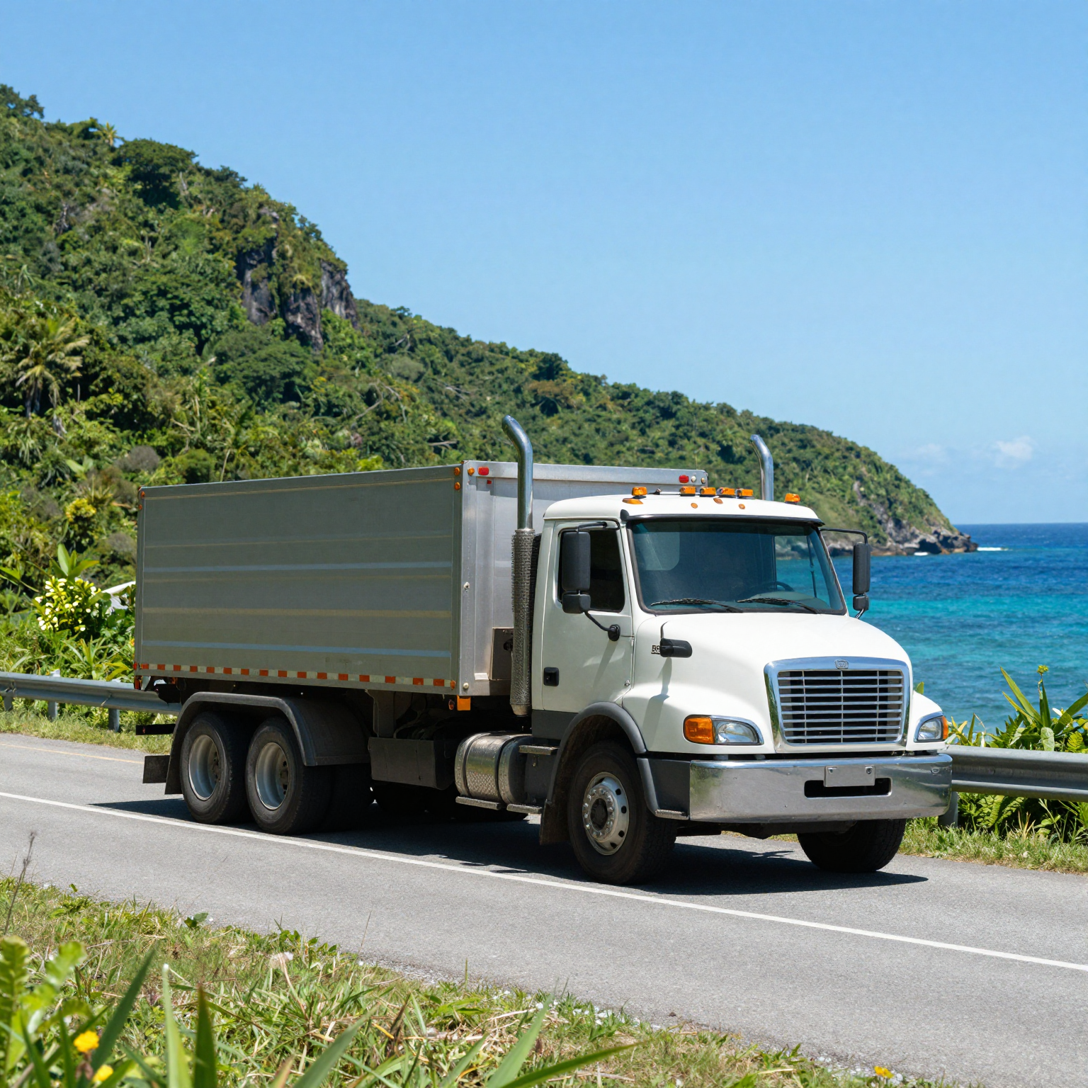 Truck towing a trailer in a scenic island setting