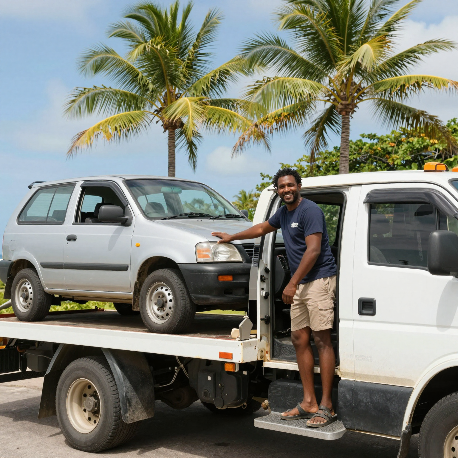 A scenic view of a tropical island with a tow truck and a smiling driver assisting a stranded vehicle.