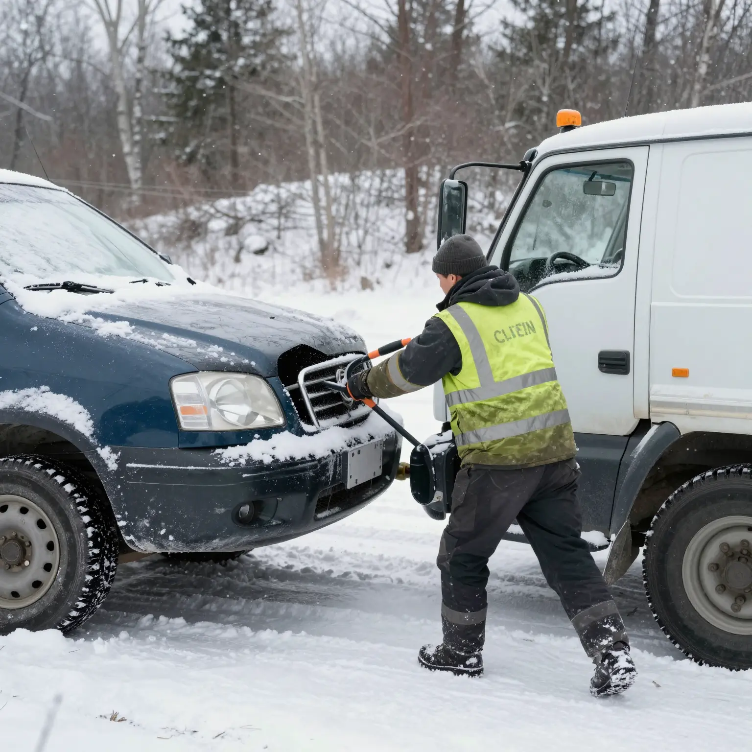 Tow truck driver rescuing a stranded vehicle in icy conditions
