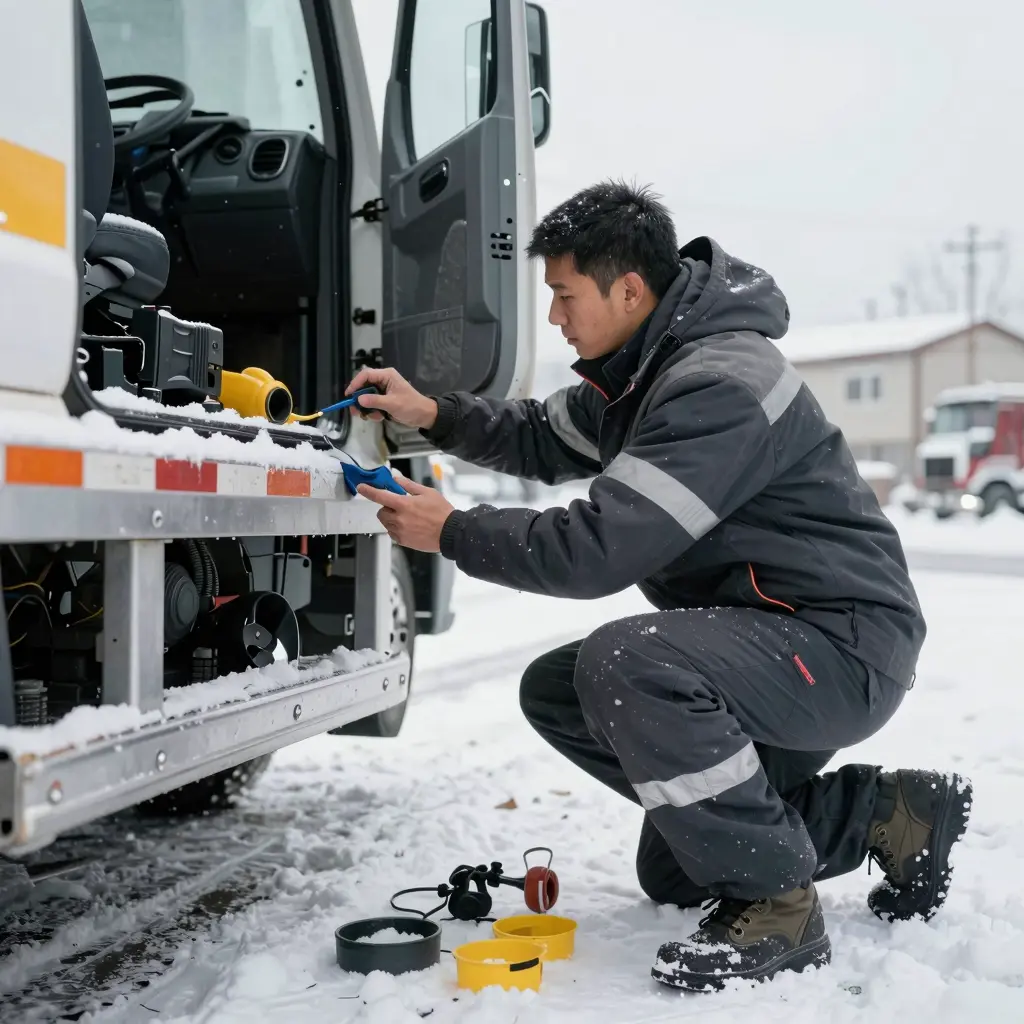 Tow truck driver inspecting equipment for icy weather