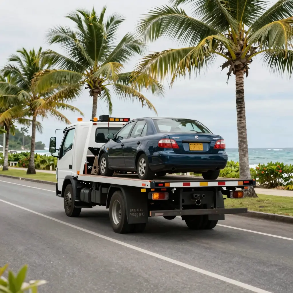 A scene of a tow truck chase on a tropical island road