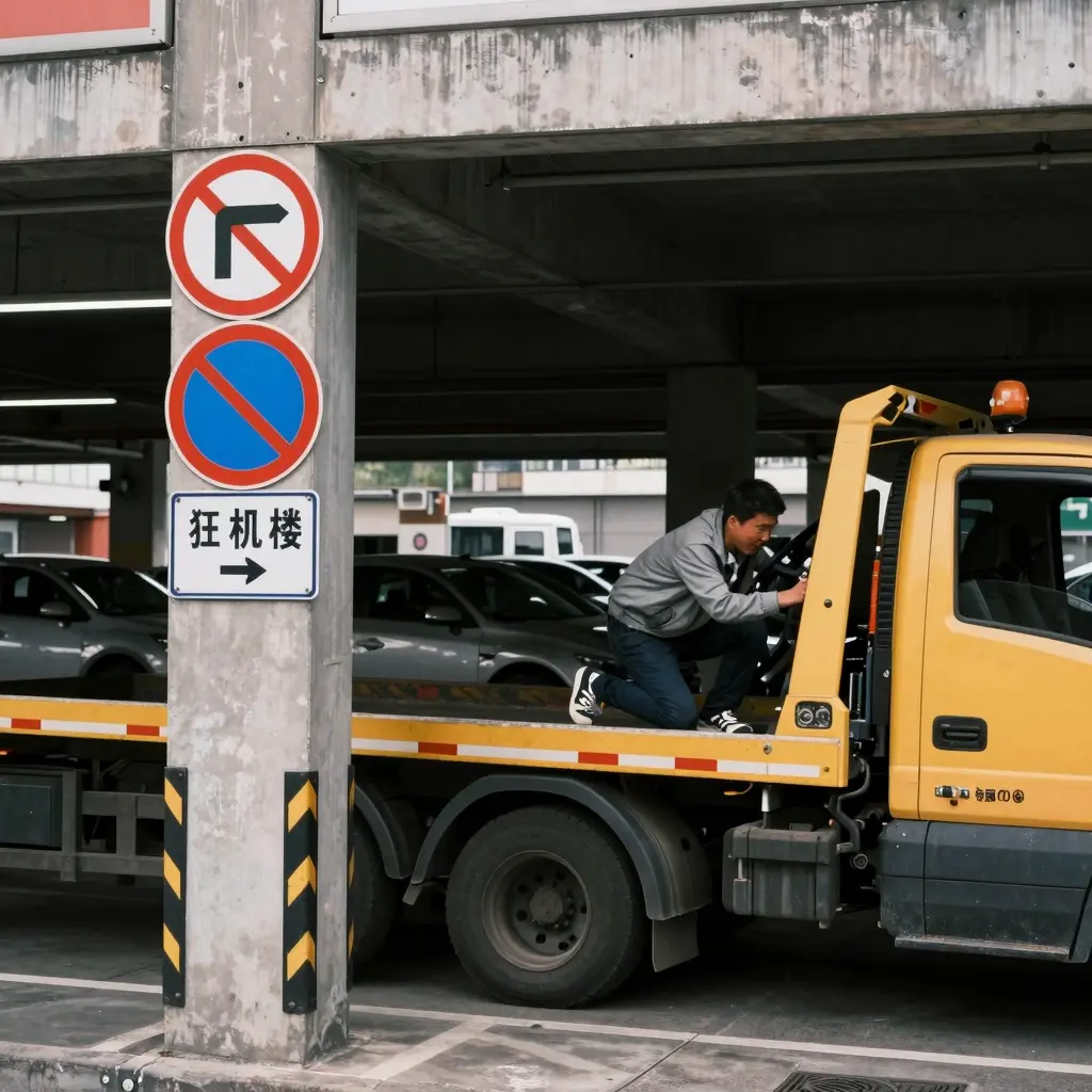 Tow truck struggling to fit in parking garage