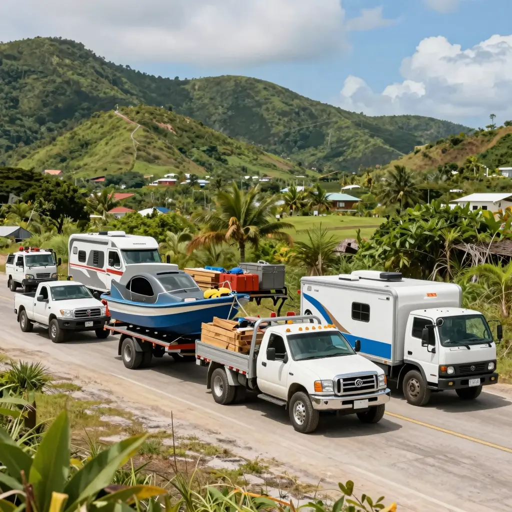 Diverse trucks towing various items