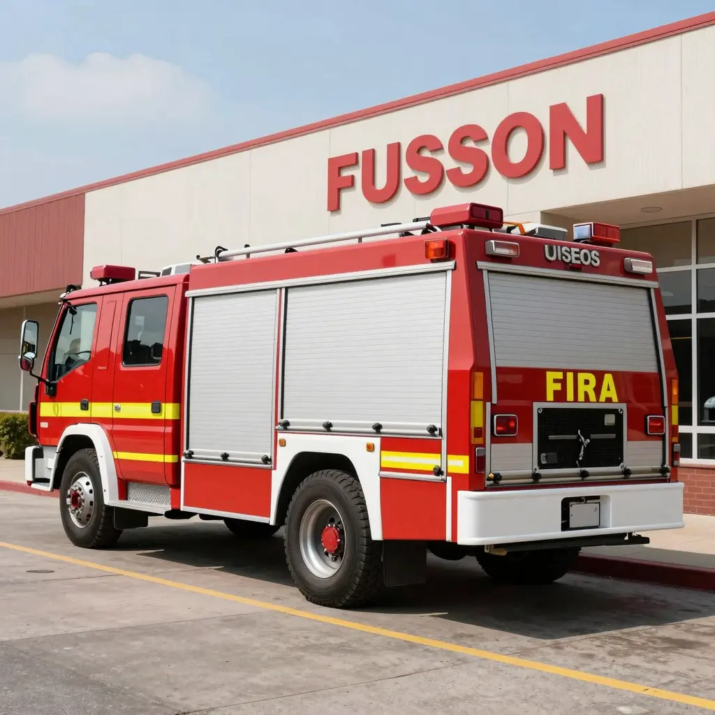A fire truck parked in front of a commercial building, showing its importance in fire safety for businesses.