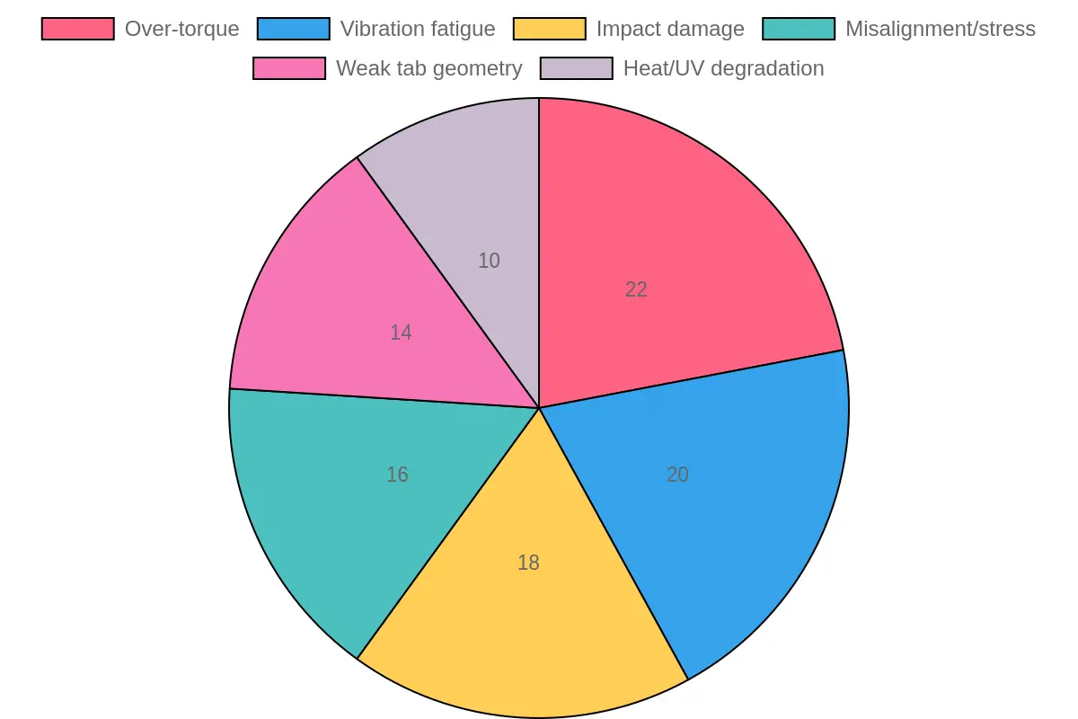 Pie chart showing the estimated percentage distribution of why aftermarket motorcycle fairings crack at the mounting tabs, including over-torque, vibration fatigue, impact damage, misalignment, weak tab geometry, and heat/UV degradation