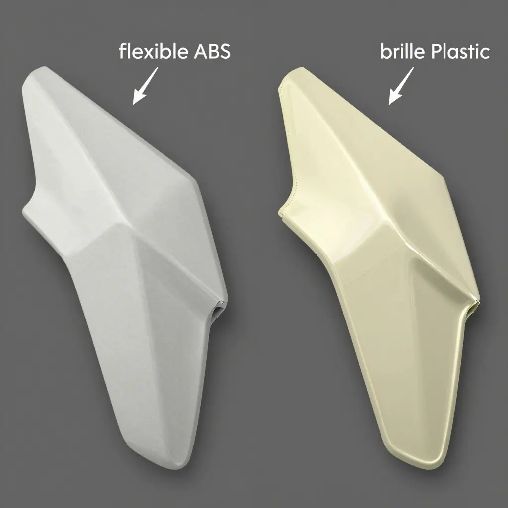 Comparison of ABS plastic versus brittle plastic motorcycle fairing panels showing surface texture, gloss, mold seams, edge thickness, and raw interior color