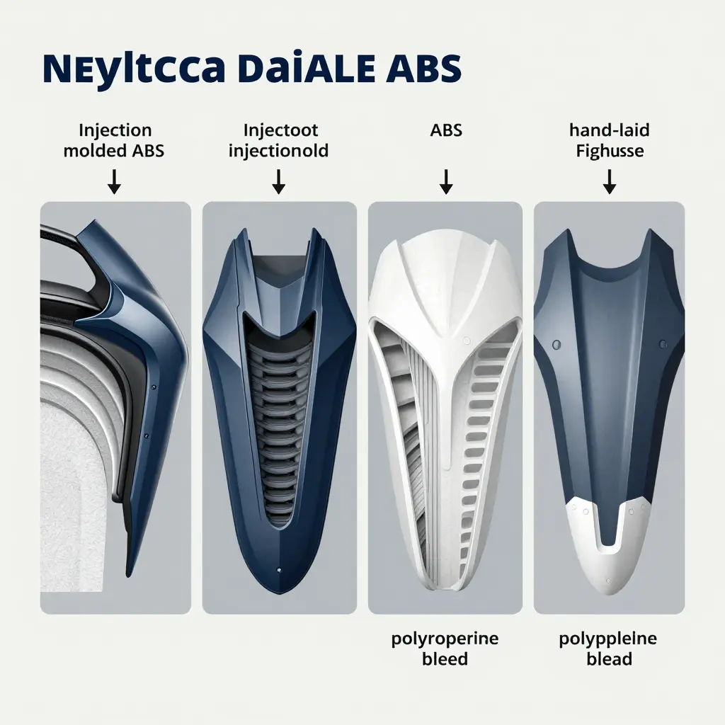 Cross-section diagram comparing OEM ABS, aftermarket ABS, fiberglass, and polypropylene fairing construction and mounting tabs
