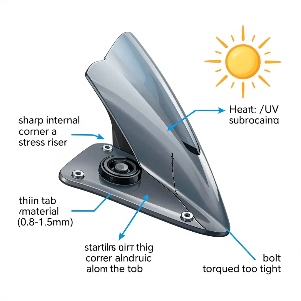 Diagnostic diagram of a motorcycle fairing mounting tab showing stress risers, thin material, a missing grommet, and crack propagation points