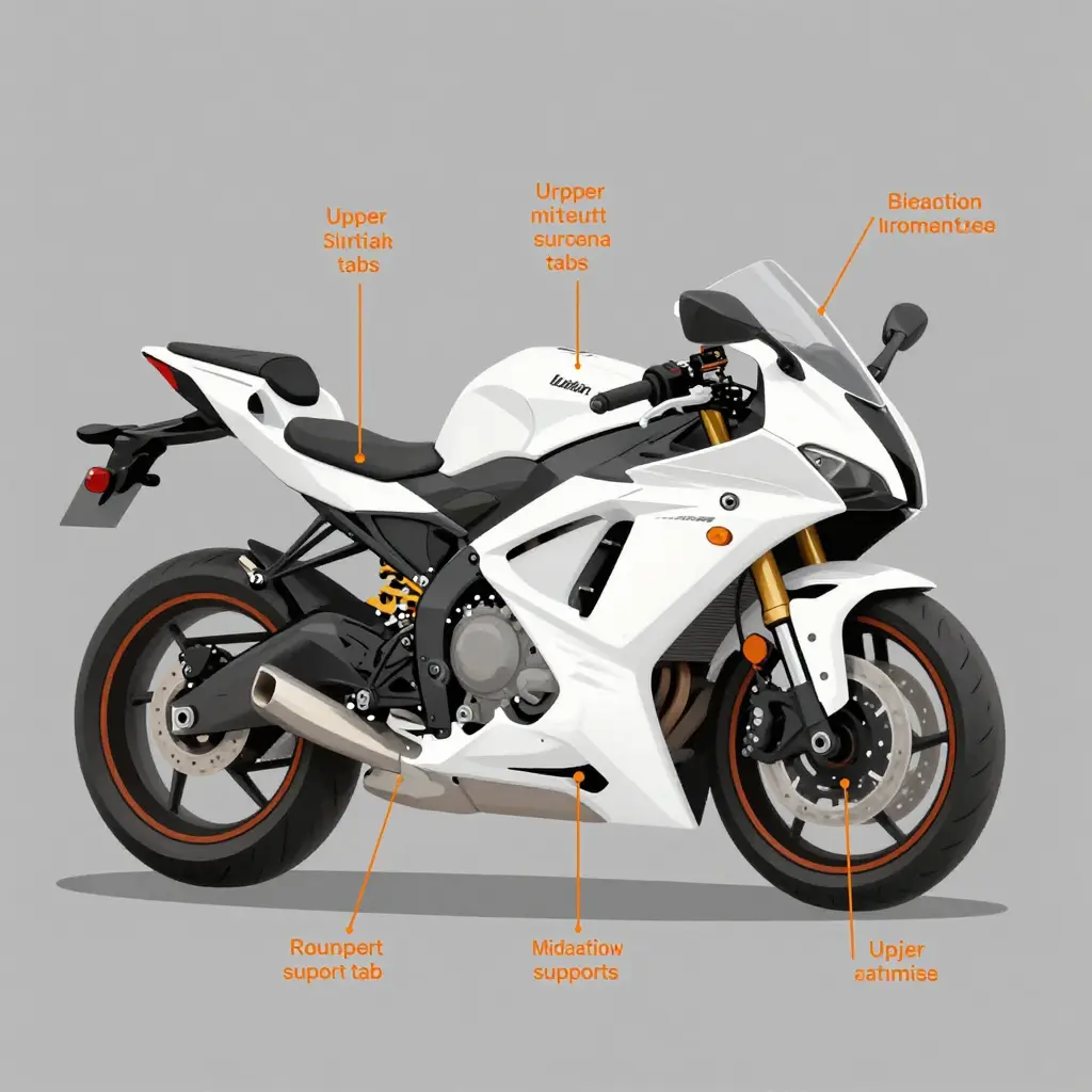 Diagram of a sportbike fairing set with the five mounting tab zones highlighted for reinforcement: upper side tabs, nose and instrument surround tabs, lower cowl and belly pan tabs, mid-panel support tabs, and tail section tabs