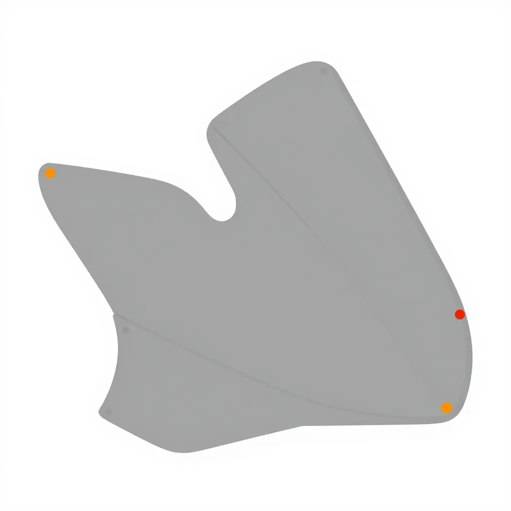 Schematic of a motorcycle fairing side panel with highlighted markers on the key mounting tabs indicating before-install reinforcement points.